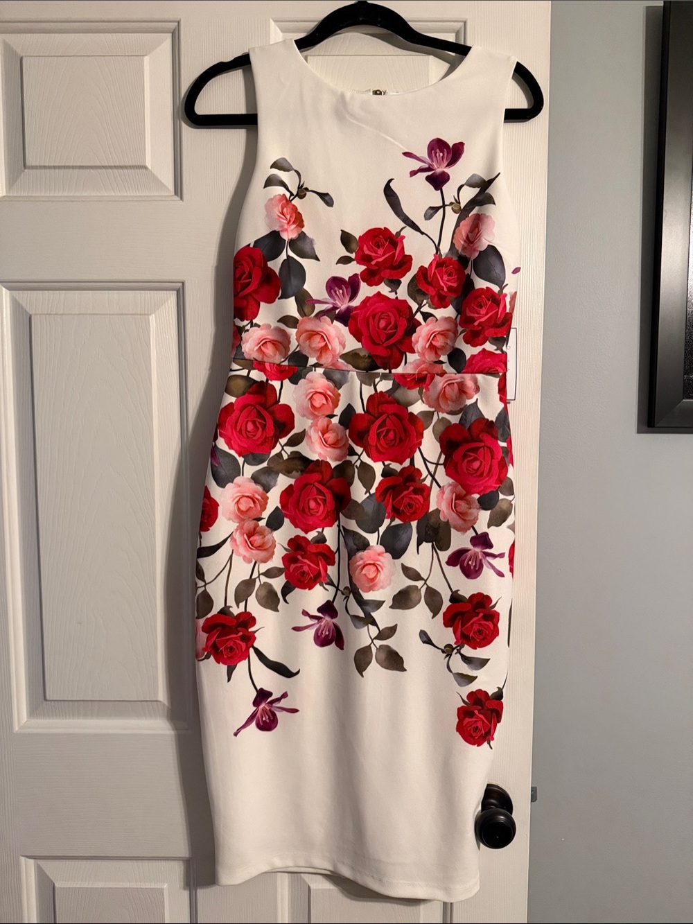Floral Dress in White with Red Roses Print